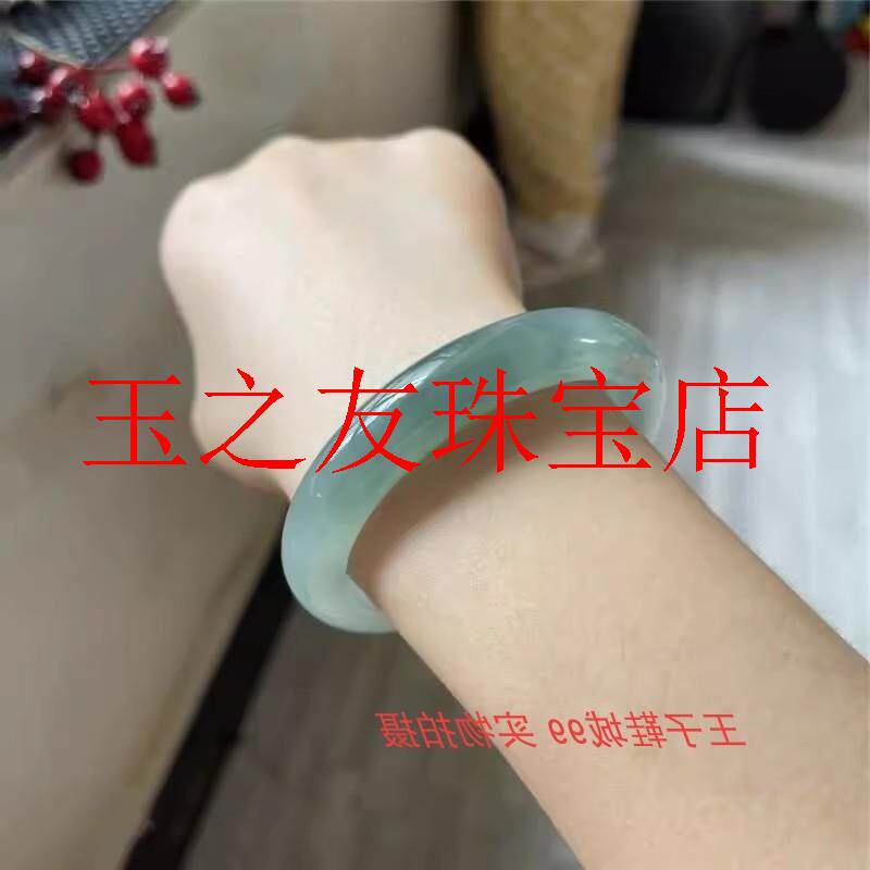 油青翡翠色手镯冰种飘花玉手镯细条正圈少女款半山半水晴绿贵妃镯