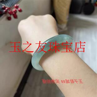 油青翡翠色手镯冰种飘花玉手镯细条正圈少女款半山半水晴绿贵妃镯