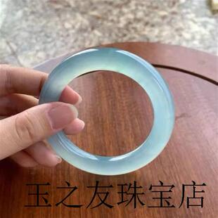 危地马拉晴水底蓝水翡翠色手镯高冰种天空蓝胖圆条玉石镯子高级感