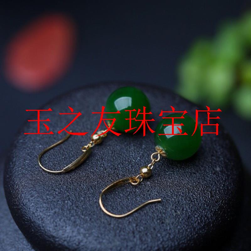 原创高品质耳饰和田玉碧玉圆珠银饰耳扣简约百搭大气款耳环女饰品
