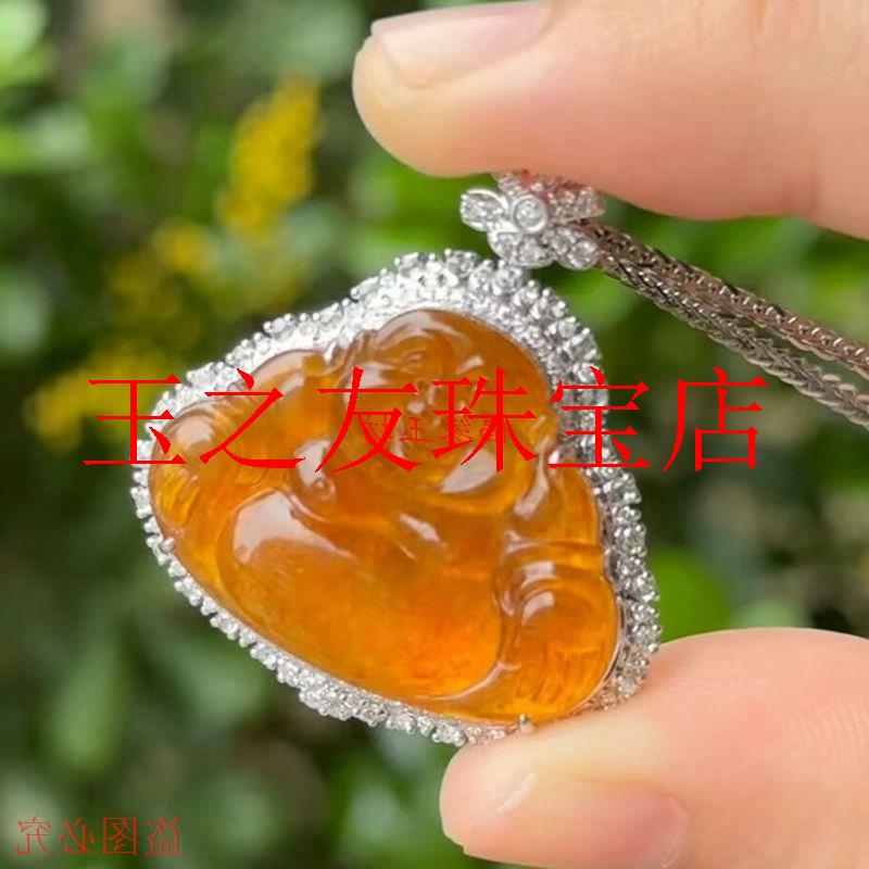 精品缅甸翡翠色货冰种黄翡翠色佛公弥勒佛银镶嵌佛公吊坠挂件送礼