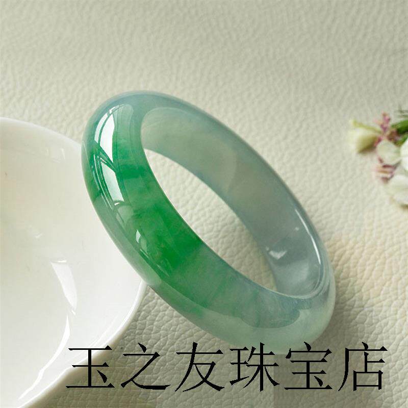 缅甸翡翠色手镯冰种飘绿翡翠色玉手镯女贵妃镯圆条飘花手镯子玉石