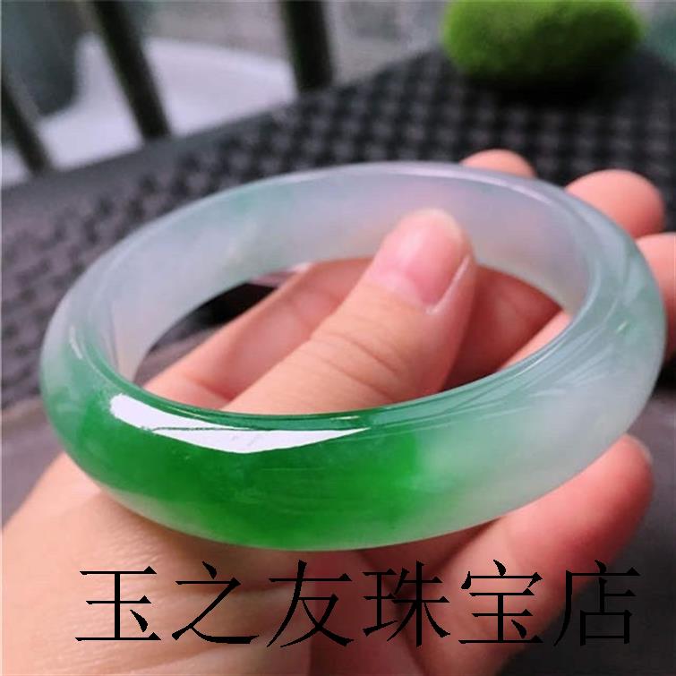 精品缅甸翡翠色玉手镯冰糯种阳绿白底青正圈旺夫玉手镯高级感女款