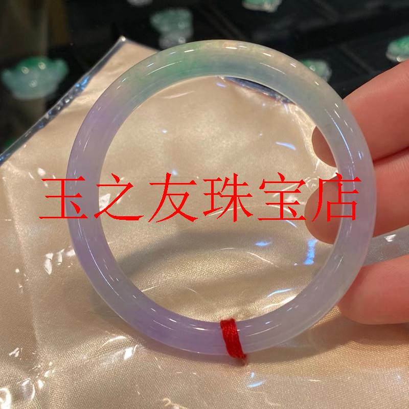 冰种飘花春带彩翡翠色细圆条手镯