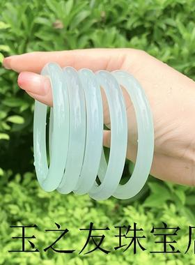 精选冰种天青冻玉髓手镯女细款少女圆条叮当镯青白玉镯子送礼品