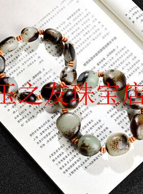 精品新疆和田玉黑皮籽料原石原皮手链墨色随型手串高档国风男女款