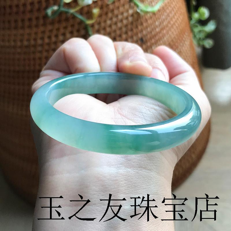 缅甸老坑翡翠色手镯正圈圆镯冰糯种蓝水飘花帝王绿色黄翡送妈妈