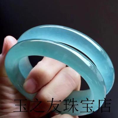 危地马拉天空蓝水翡翠色手镯高冰种飘花晴水白底油青胖圆条玉镯子