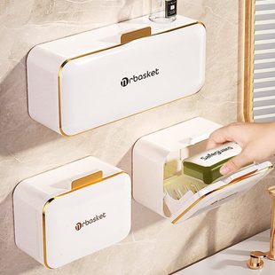 翻盖格肥皂盒香皂带盖放家用免打孔沥水高档 置物架卫生间双壁挂式