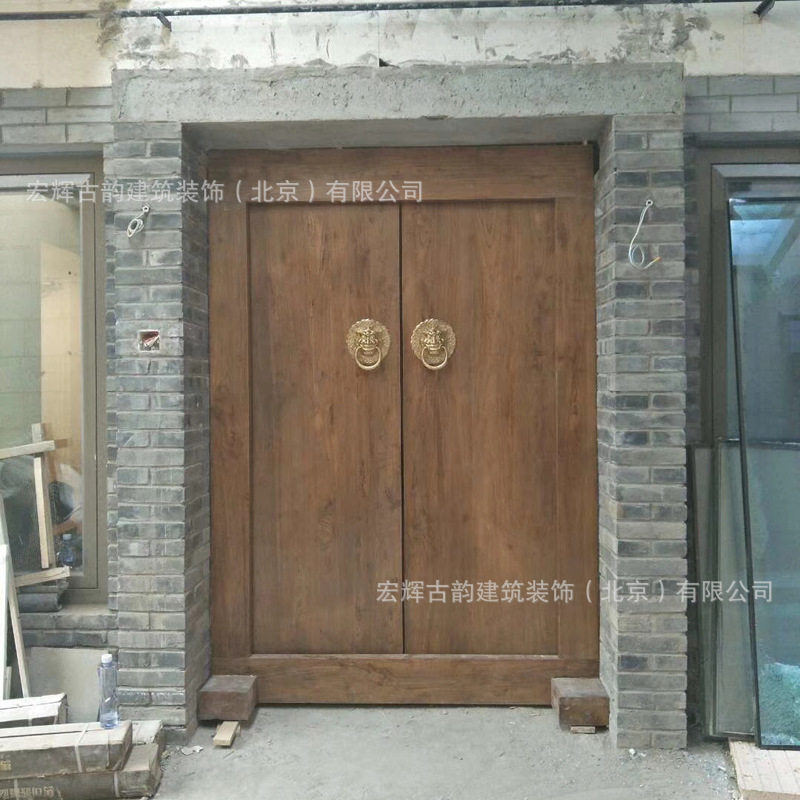 老榆木中式对开门复古庭院原木别墅大门茶楼四合院仿古门民宿大门