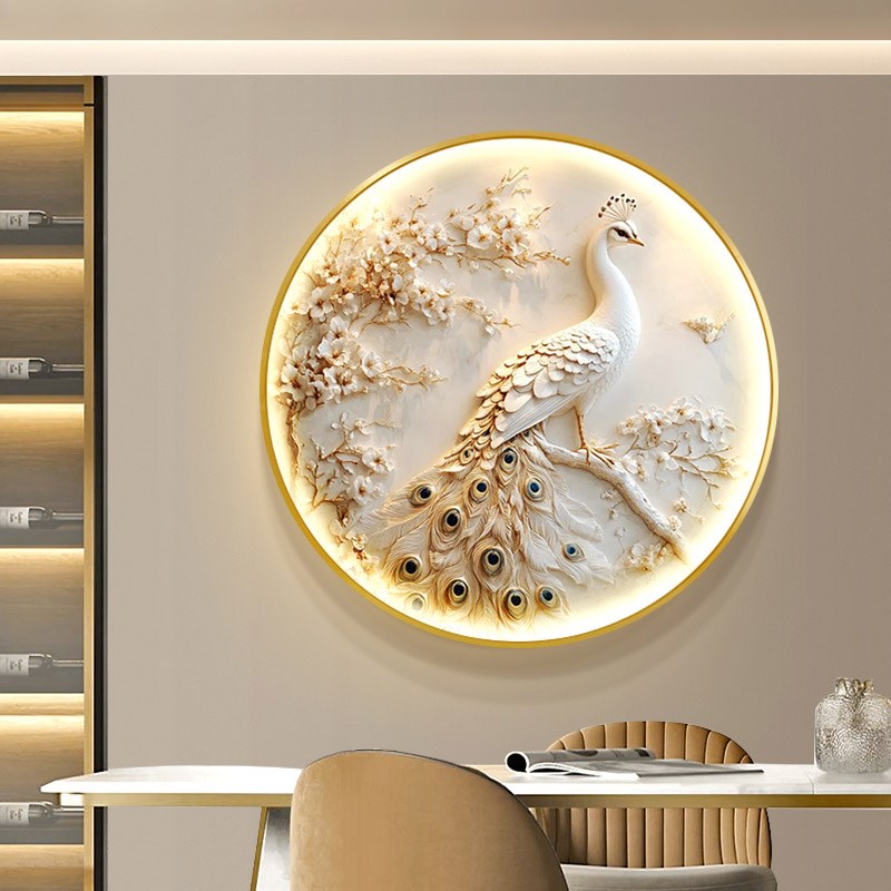 孔雀轻奢玄关装饰画高级感圆形走廊过道挂画客Q厅入户正对门壁灯图片