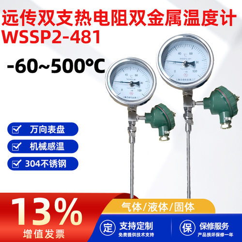 远传双支热电阻双金属温度计-60~500℃万向型WSSP2-481工业温度计