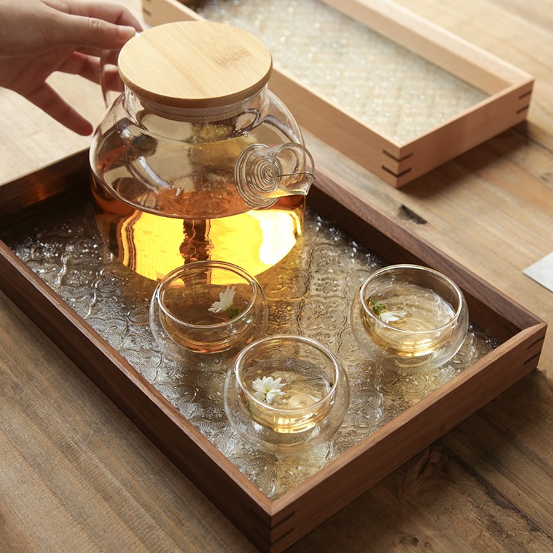 复古海棠花玻璃托盘家用长方形胡桃木茶盘水杯Q子茶具水果茶点心