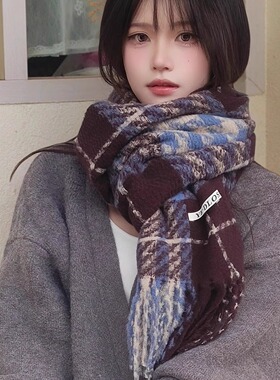 韩版新款高级感格纹仿羊绒流苏围巾女秋冬季保暖百搭披肩围脖情侣