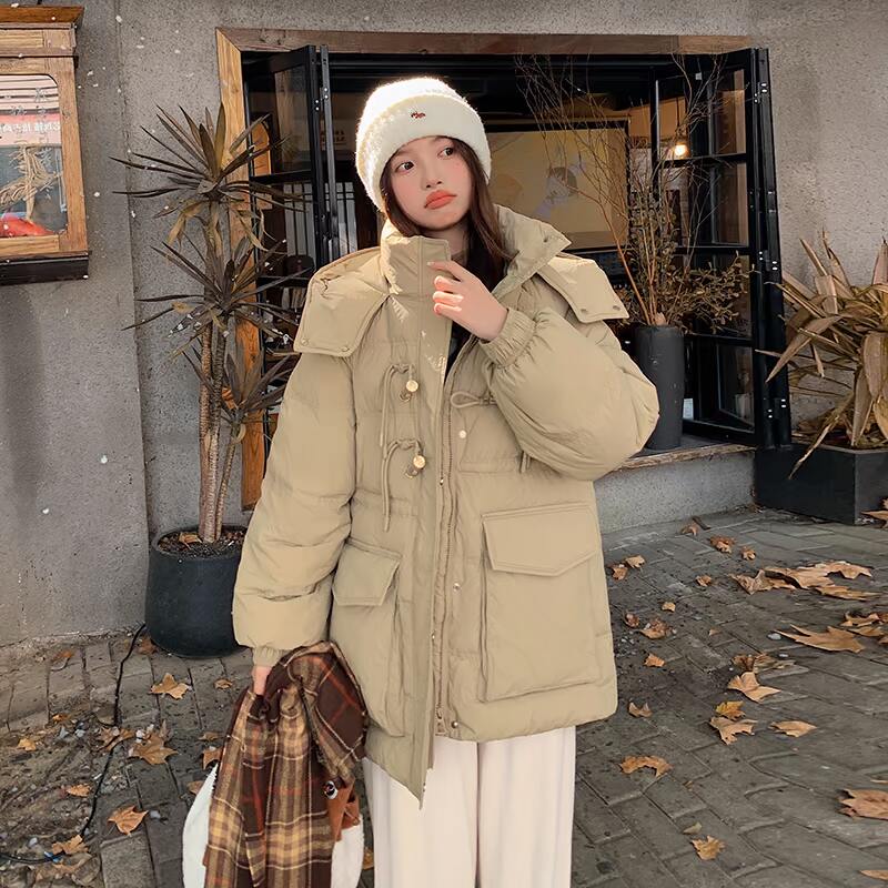 韩版洋气卡其色保暖连帽羽绒服女2025冬季新款显瘦加厚白鸭绒外套,女装羽绒服,浙宝007A（原150A)