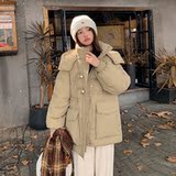 韩版洋气卡其色保暖连帽羽绒服女2025冬季新款显瘦加厚白鸭绒外套，女装羽绒服，浙宝007A（原150A)