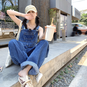 时髦洋气复古牛仔背带裤女夏季2025新款休闲慵懒风高个子阔腿长裤，女装牛仔裤，浙宝007A（原150A)