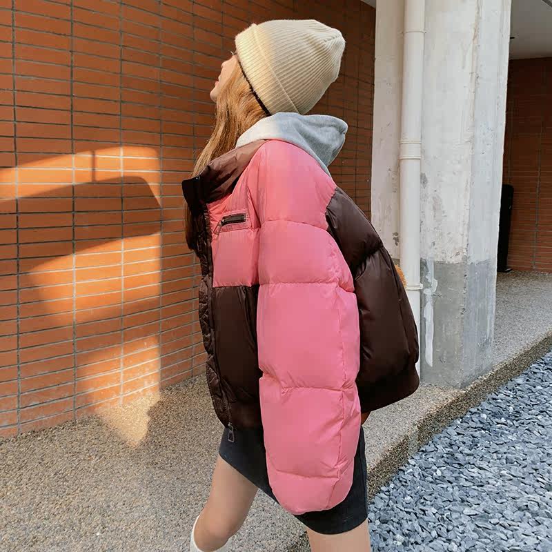 粉色拼接短款羽绒服女2025冬季新款独特设计感超好看小个子面包服,女装羽绒服,浙宝007A（原150A)