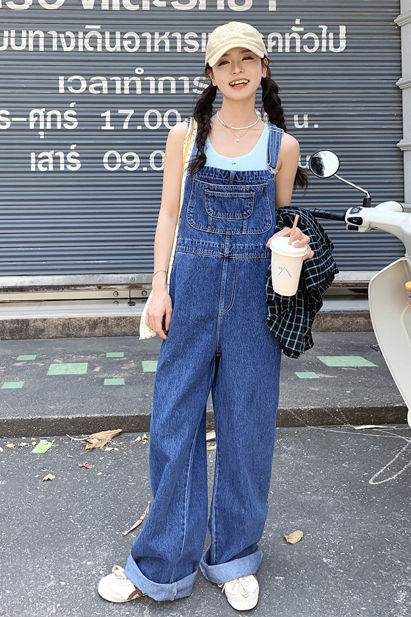 时髦洋气复古牛仔背带裤女夏季2025新款休闲慵懒风高个子阔腿长裤,女装牛仔裤,浙宝007A（原150A)