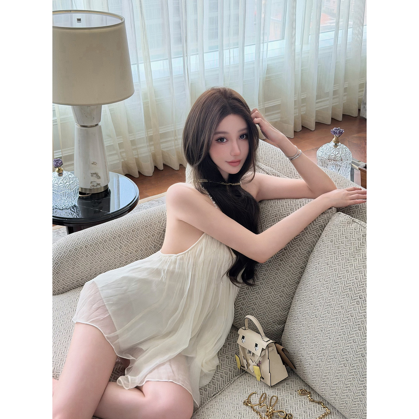 chicbyrr/私服贝壳褶皱吊带度假裙长款短款