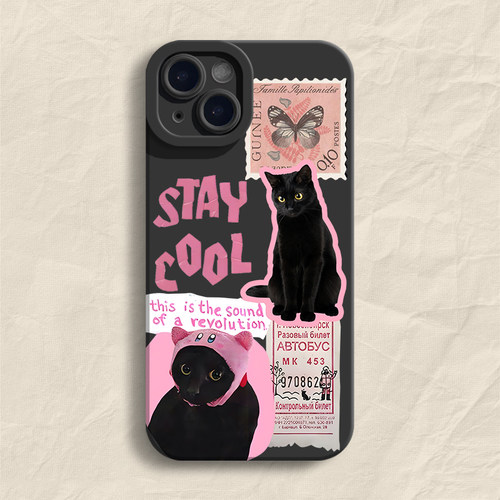 邮票黑猫适用iPhone苹果15promax手机壳11/12/13/14/15pro可爱软壳iphone8/14plus女新款x/xr/xs/xsmax保护套
