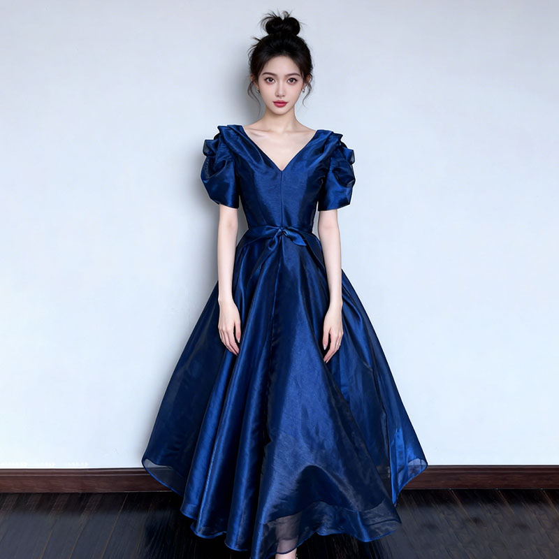 法式复古V领礼服女收腰蝴蝶结气质轻奢高级重工艺聚会生日晚礼服