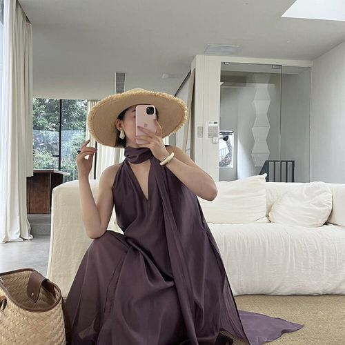 WATER法式围巾领设计感质感前后两穿连衣裙宽松显瘦无袖长裙女