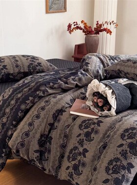 轻奢复古风全棉双层纱四件套色织紫色大提花棉纱床单被套四季款