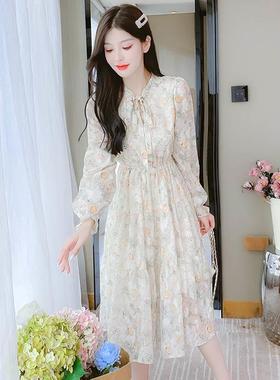 SADO YINER碎花雪纺连衣裙女春秋新款高级感精致长袖法式温柔长裙