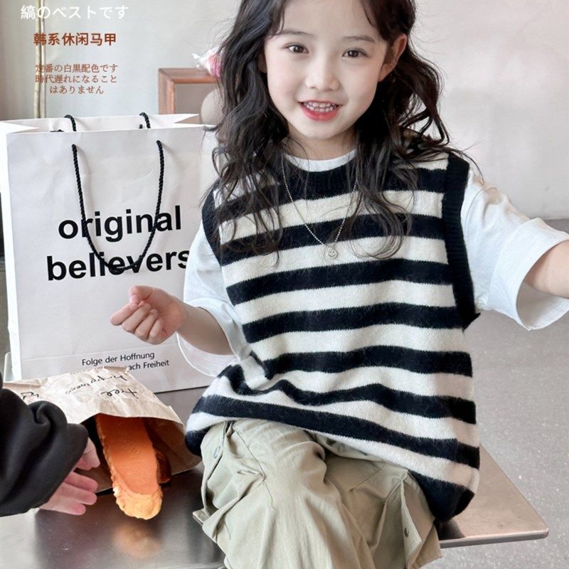 女孩背心2024春秋季新款儿童针织背心最容易匹配的西式条纹背心