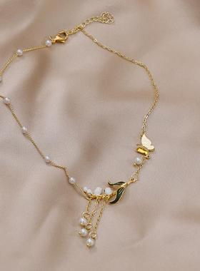 铃兰花开白色琉璃花朵珍珠项链女复古法式颈链高级感网红爆款