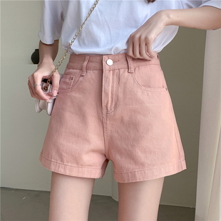 阔腿潮夏季 高腰宽松显瘦粉色a字外穿热裤 女春夏2022新款 牛仔短裤
