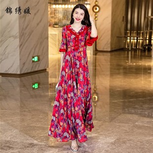 2025新款碎花连衣裙女夏长款到脚踝荷叶领长裙夏天大摆裙V领雪纺