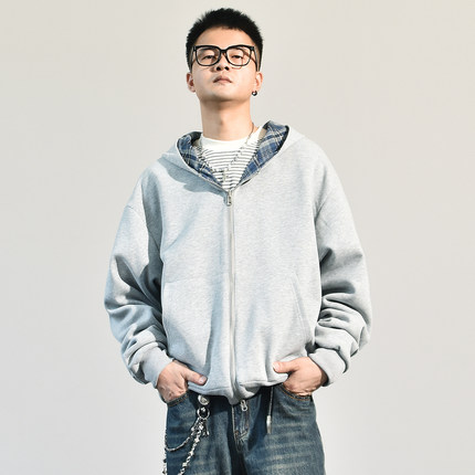 美式高街小众设计感短宽廓形重磅连帽卫衣男生春秋季两面穿外套潮