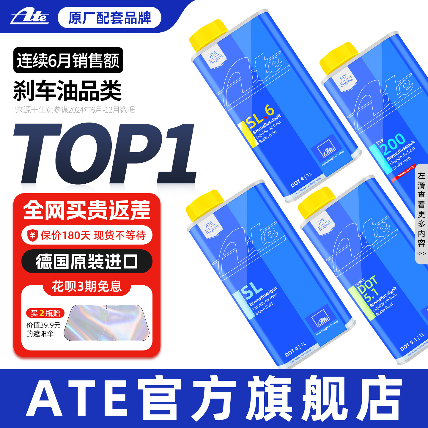 ate德国原装进口汽车dot4刹车油SL.6低粘度TYP200制动液SL DOT5.1