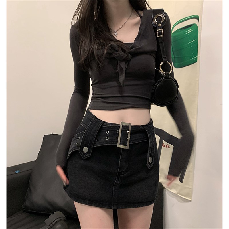 黑色牛仔半身裙女胖mm春夏高腰辣妹超短裙A字R大码包臀裙裙裤裙子