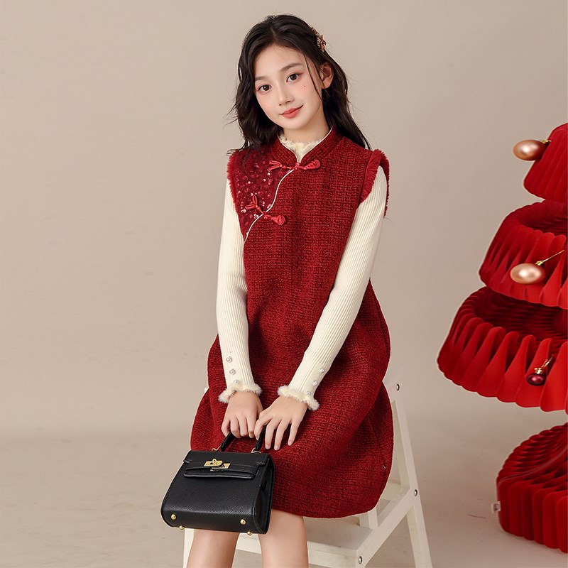 女童秋冬装红色连衣裙女大童新中式D中国风旗袍背心裙礼服拜年衣