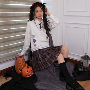 中牌制服馆 蔷薇之名紫色方块毛衫背心日系Ov领马夹秋冬无袖毛衣