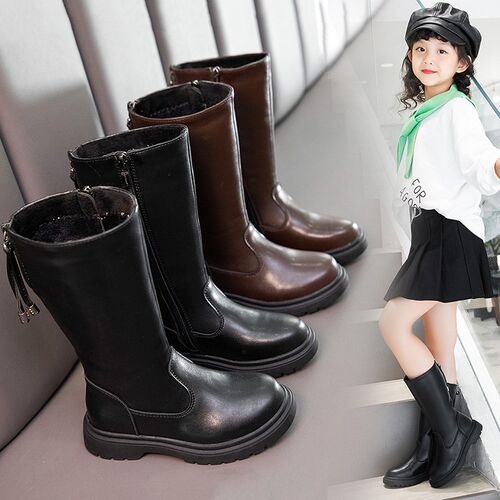 儿童单靴二棉女童公主靴子真皮短靴小女孩2022秋冬季新款皮靴黑色