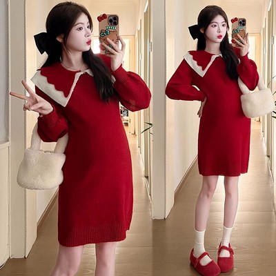 孕妇装秋冬装针织连衣裙上衣2023E新款冬装套装时尚圣诞红色毛衣