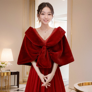 披肩婚礼新娘冬礼服外搭冬季婚纱冬天外披结婚敬酒服斗篷秋酒红色