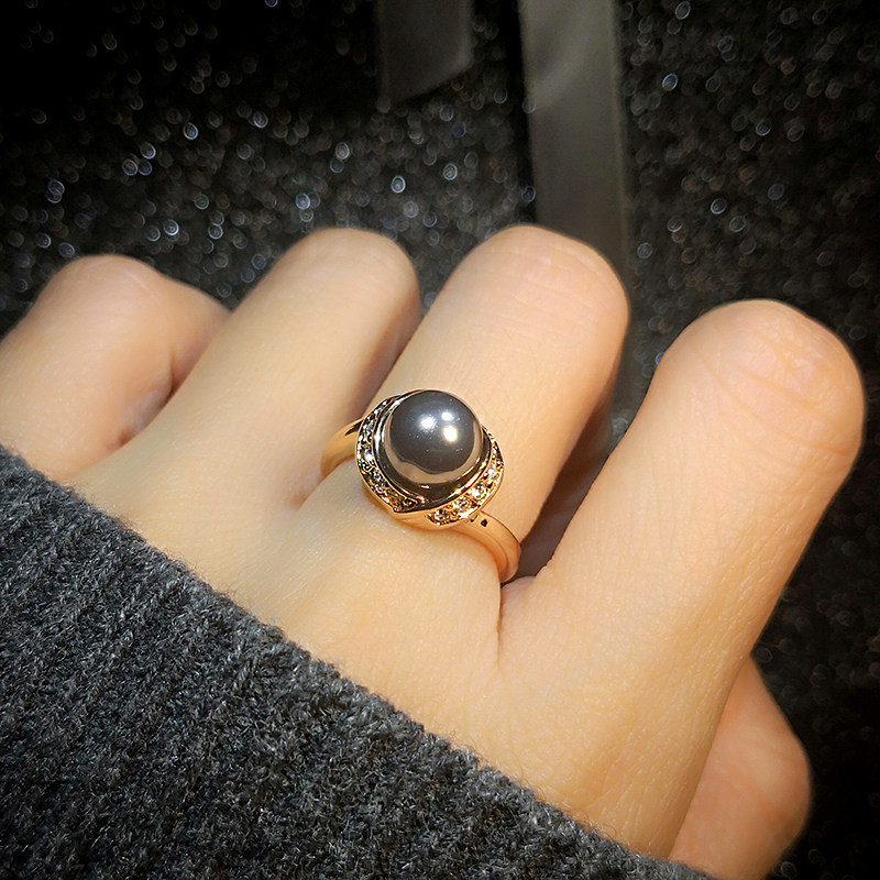 日韩版简约超值百搭空姐女交错时尚碎钻富贵黑白珍珠食指戒指指环