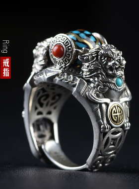 国潮创意复古中国风民族风纯银手工瑞兽天珠开口食指个性戒指男女