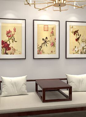 郎世宁春意满堂工笔画新中式客厅装饰画卧室玄关花U鸟挂画餐厅挂