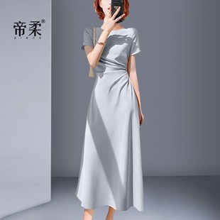 收腰褶皺休閑短袖 2024夏季 新款 氣質(zhì)小q眾設(shè)計(jì)高級(jí)感法式 連衣裙長(zhǎng)