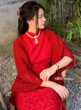 复古红色旗袍披肩女春秋外搭针织毛线国风礼服宴会敬酒服拍照披巾