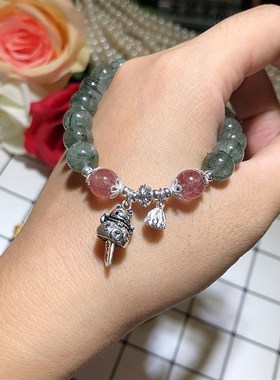 水晶银饰简约单圈绿发晶草莓晶925银招财猫莲蓬手链