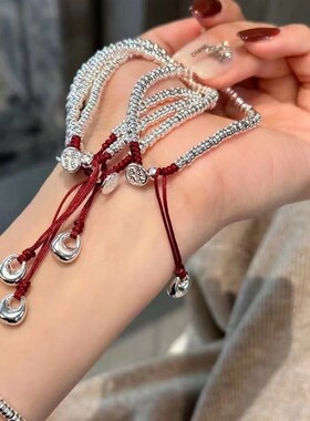 手工制作纯银盘缠手串手链女士款龙年本命年碎银几两红手绳