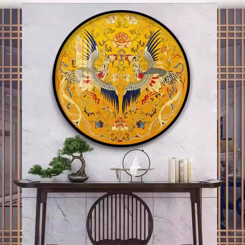 凤凰图挂画新中式客厅玄关圆形装饰画书房茶室吉祥挂画背景墙壁画