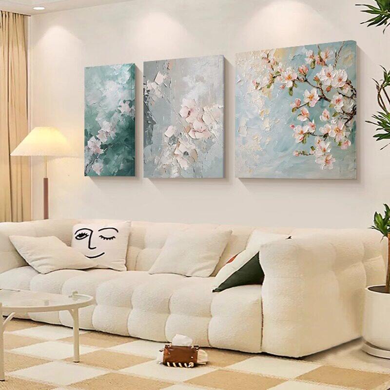 大芬村油画奶油风客厅装饰画三联桃花高级肌理感沙发背景墙壁挂画